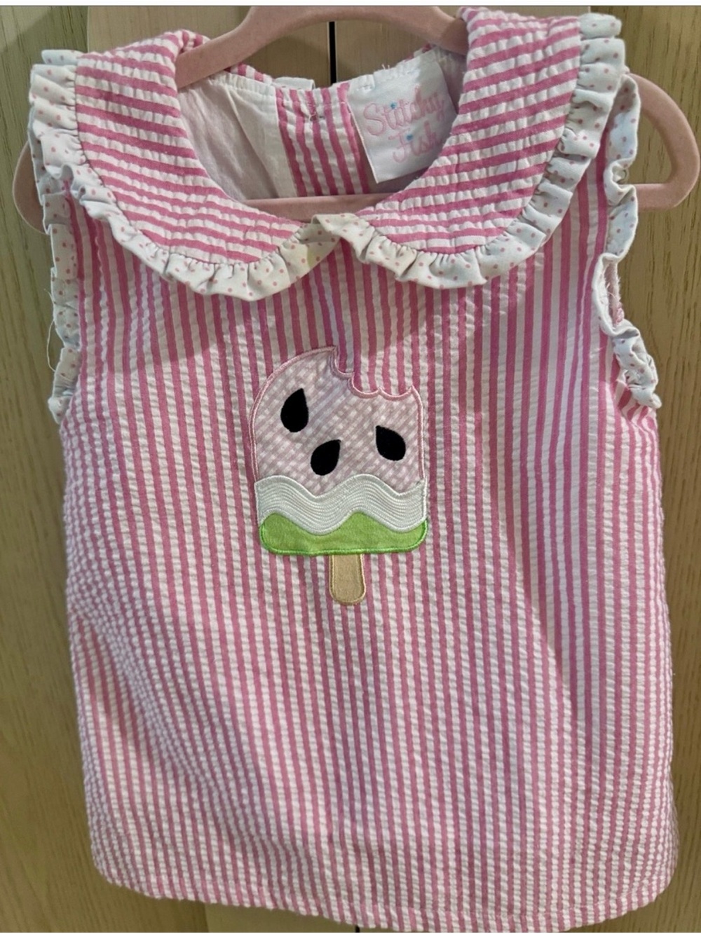 Pink Striped Sleeveless Kids Dress with Ice Pop Applique